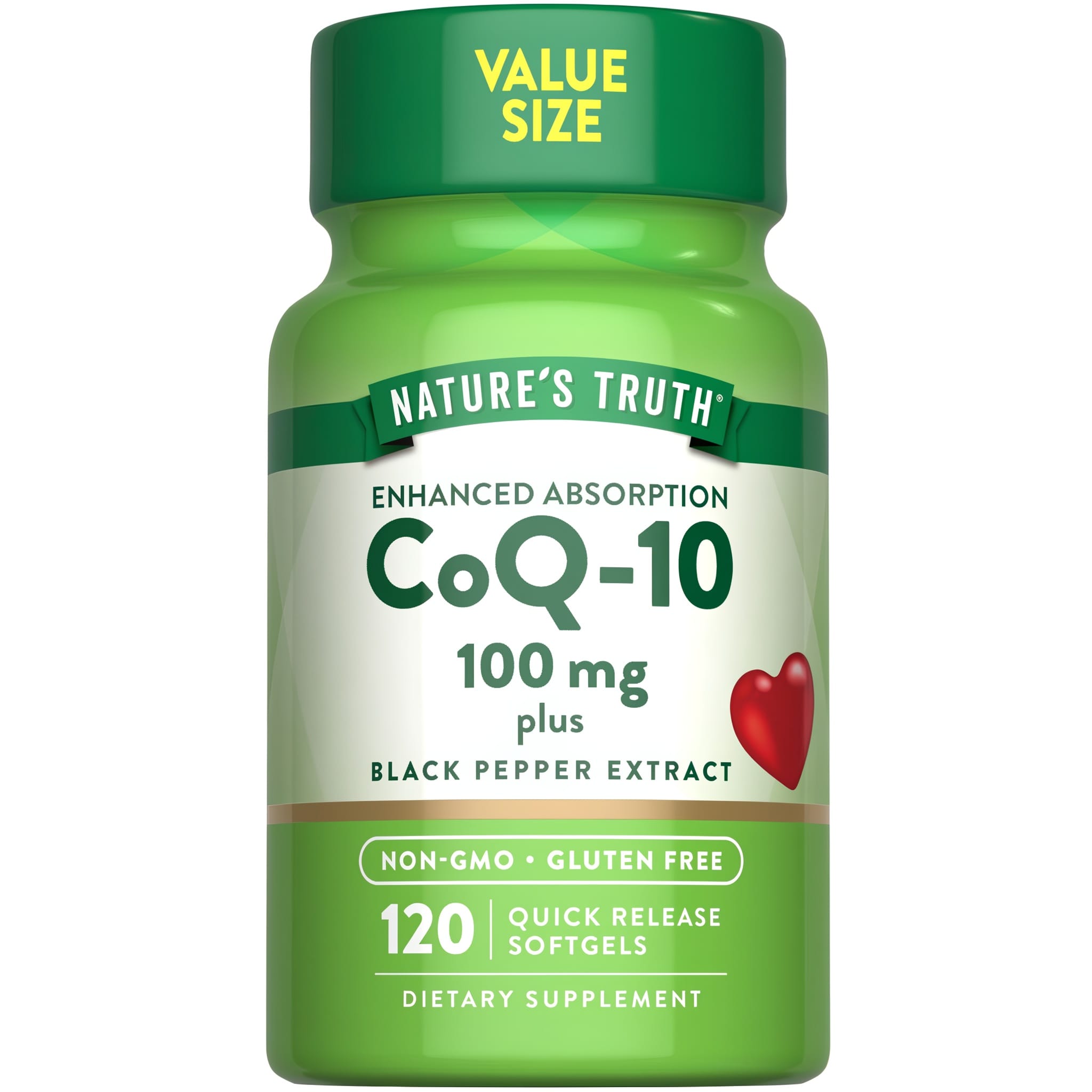 Nature's Truth CoQ-10 100 mg with Black Pepper Extract, 120 Quick Release Softgels bottle.