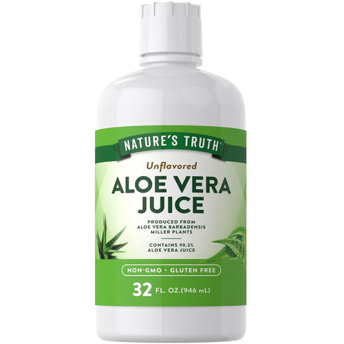 Aloe Vera Juice, Unflavored, 32 fl. oz. (946 mL), in a white bottle, showcased on a hand scale for bulk measurement.