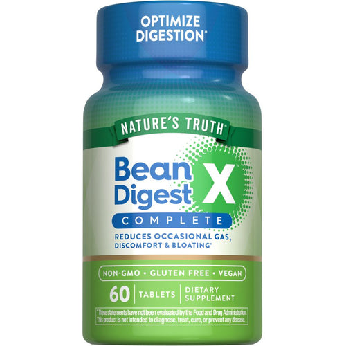 Nature's Truth Bean Digest X Complete, 60 tablets, shown on a scale for accurate bulk measurement visualization.