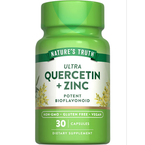 View 1 Hand holding Nature's Truth Ultra Quercetin + Zinc 30 capsules dietary supplement bottle.
