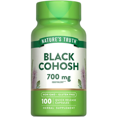 Hand holding Black Cohosh 700 mg Equivalent 100 Quick Release Capsules bottle on a scale for bulk measurement.