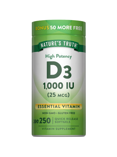 Bottle of 250 quick release softgels, 1000 IU (25 mcg).