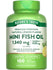 Hand-scale image showing mini softgels with 1,340 mg fish oil and 830 mg omega-3 per serving.