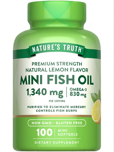 Hand-scale image showing mini softgels with 1,340 mg fish oil and 830 mg omega-3 per serving.