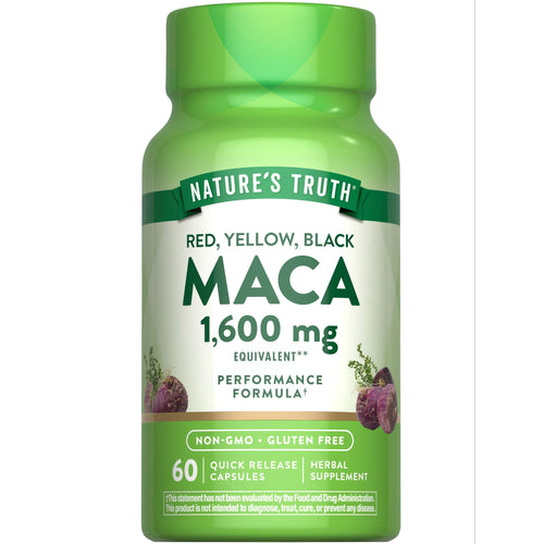 60 capsules of Red, Yellow, Black Maca, 1600 mg equivalent in a bulk scale container.