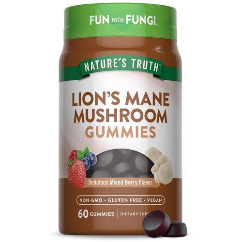 Lion's Mane Mushroom Gummies jar with 60 gummies, showcasing two dark purple gummies on the side.