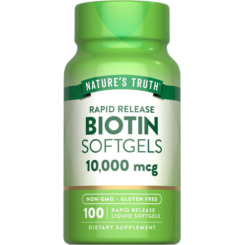 Biotin 10,000 mcg, 100 Rapid Release Liquid Softgels bottle displayed on a hand scale.