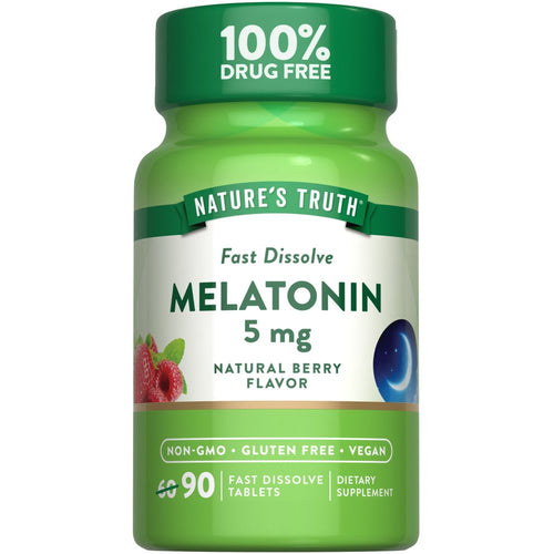 Nature's Truth Melatonin 5 mg Fast Dissolve Tablets, 90-count bottle shown on a hand for scale.