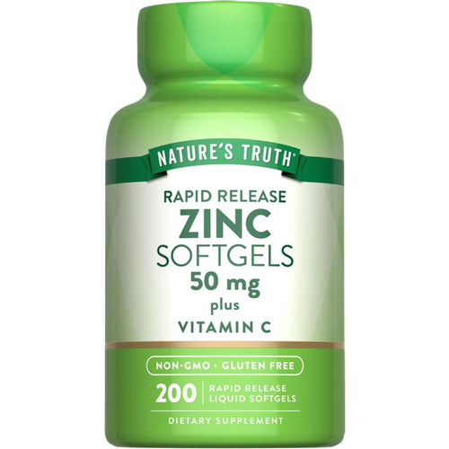 Nature's Truth Zinc Softgels with 50 mg Zinc plus Vitamin C, Non-GMO, Gluten Free, 200 liquid softgels bottle.
