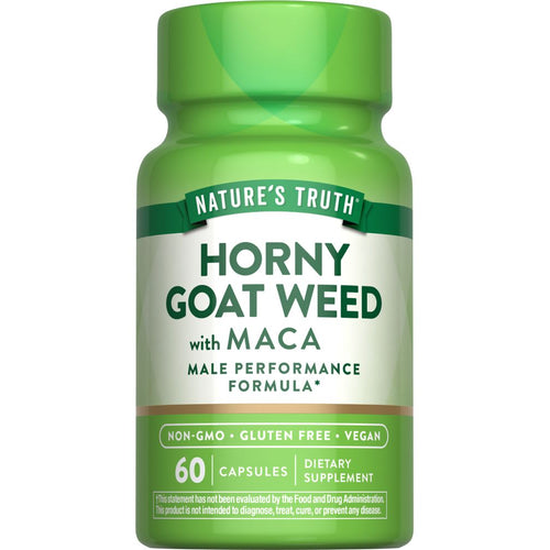 Hand holding a bottle of Horny Goat Weed with Maca dietary supplement, containing 60 capsules for vitality support.