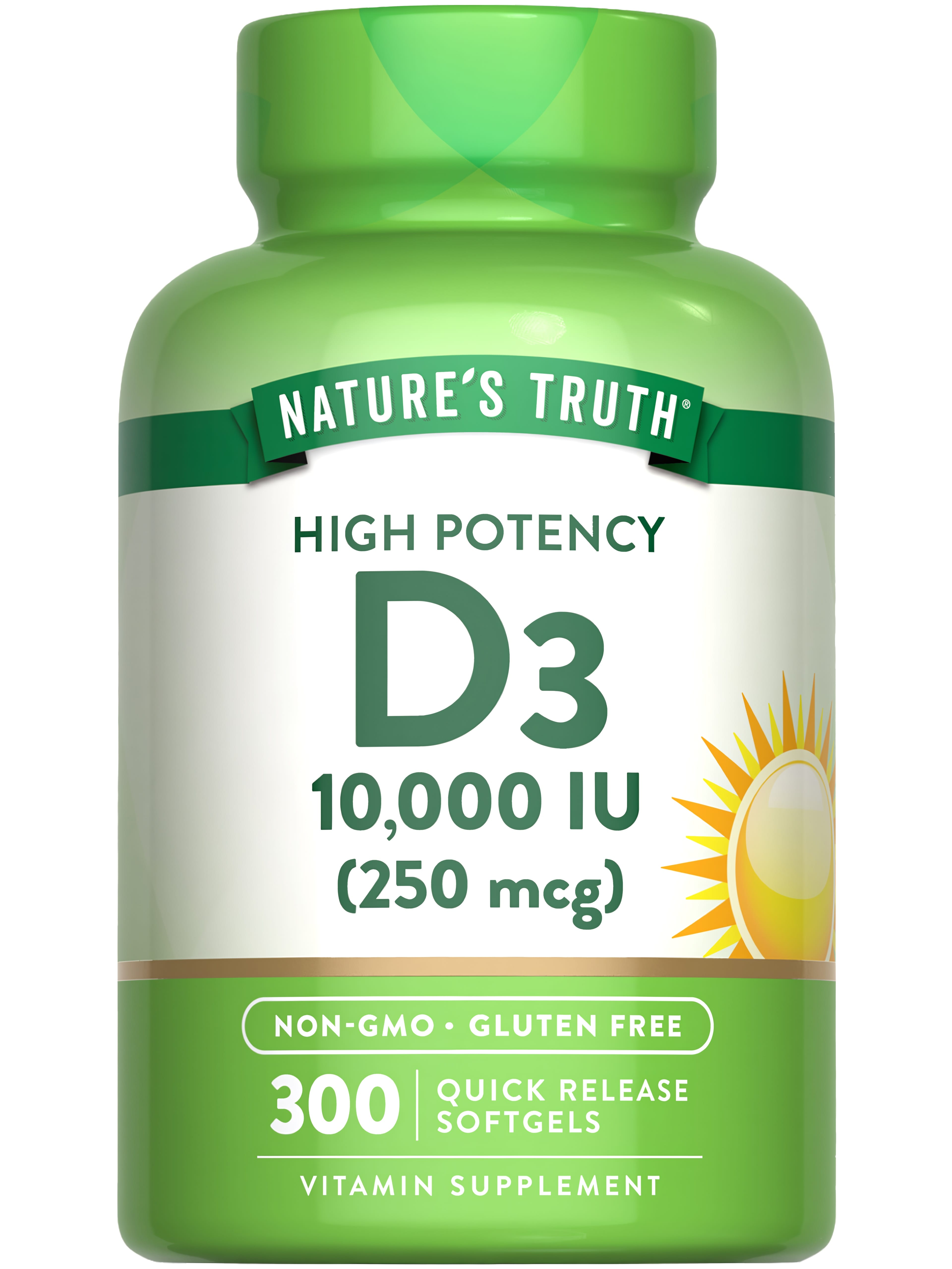 Nature's Truth D3 10,000 IU (250 mcg) Quick Release Softgels, 300 count, Vitamin Supplement, Non-GMO, Gluten Free.