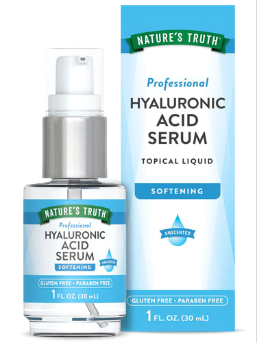 NATURE'S TRUTH Professional HYALURONIC ACID SERUM TOPICAL LIQUID, 1 FL. OZ. (30 mL) bottle and box.