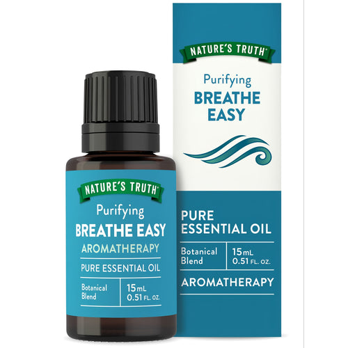 NT Breathe Easy Oil 15 mL bottle next to its retail packaging, displaying product size and details.