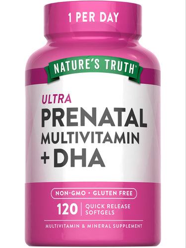 A bottle of Ultra Prenatal Multivitamin + DHA containing 120 quick release softgels for prenatal health support.