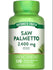A bottle of Saw Palmetto 2,400 mg with 120 quick release capsules on a hand scale, emphasizing its potency and easy consumption.