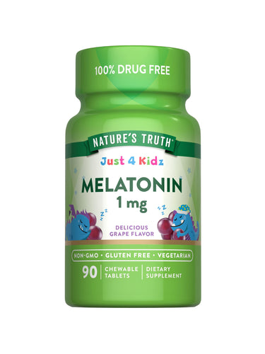 A bottle of Kids Melatonin 1 mg chewable tablets, containing 90 tablets, is shown on a hand scale for size reference.