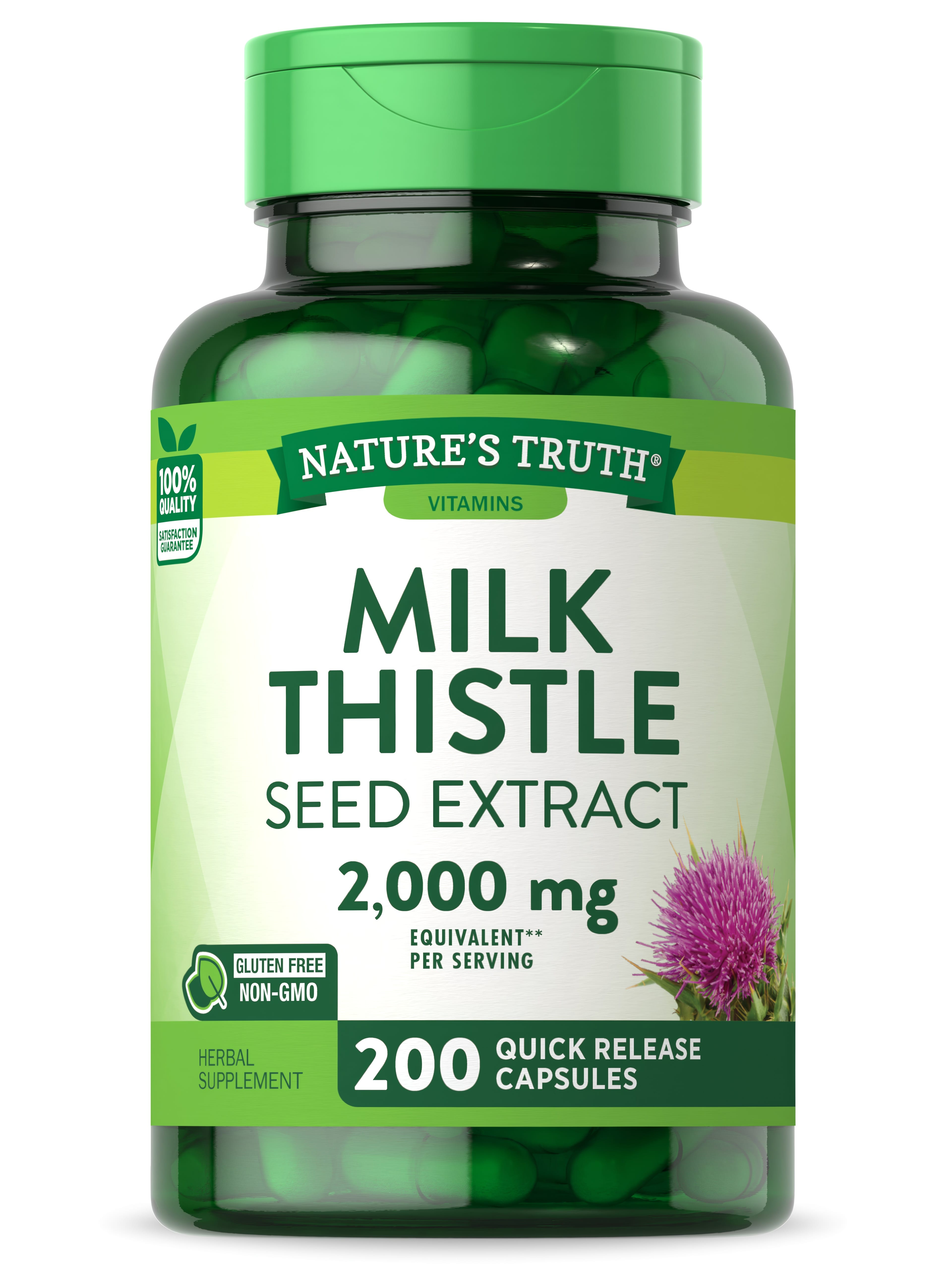 Milk Thistle Seed Extract, 2,000 mg per serving, 200 quick-release capsules for liver support.