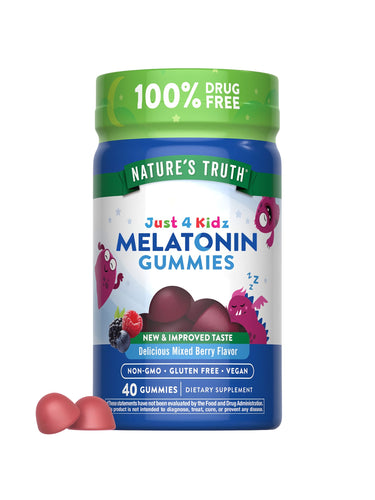 Two red mixed berry Melatonin Gummies from a bottle of 40 are shown.