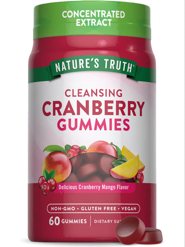 Two red, circular gummies are displayed next to the product bottle.