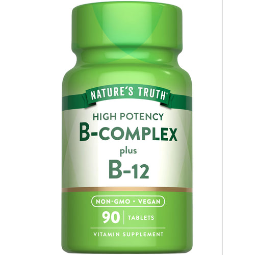 Nature's Truth B-Complex plus B-12 high potency vitamin supplement, 90 tablets on a hand scale.