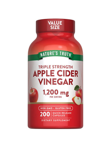 A bottle of Apple Cider Vinegar capsules, 1,200 mg per serving, quick release, 200 count.