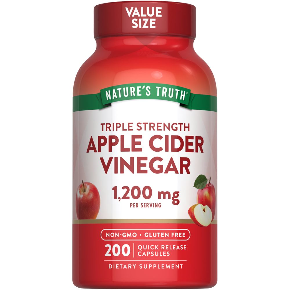 A bottle of Apple Cider Vinegar capsules, 1,200 mg per serving, quick release, 200 count.