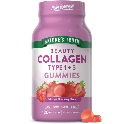 Two orange-pink NT Collagen 1 & 3 Gummies displayed beside the 120-count bottle.