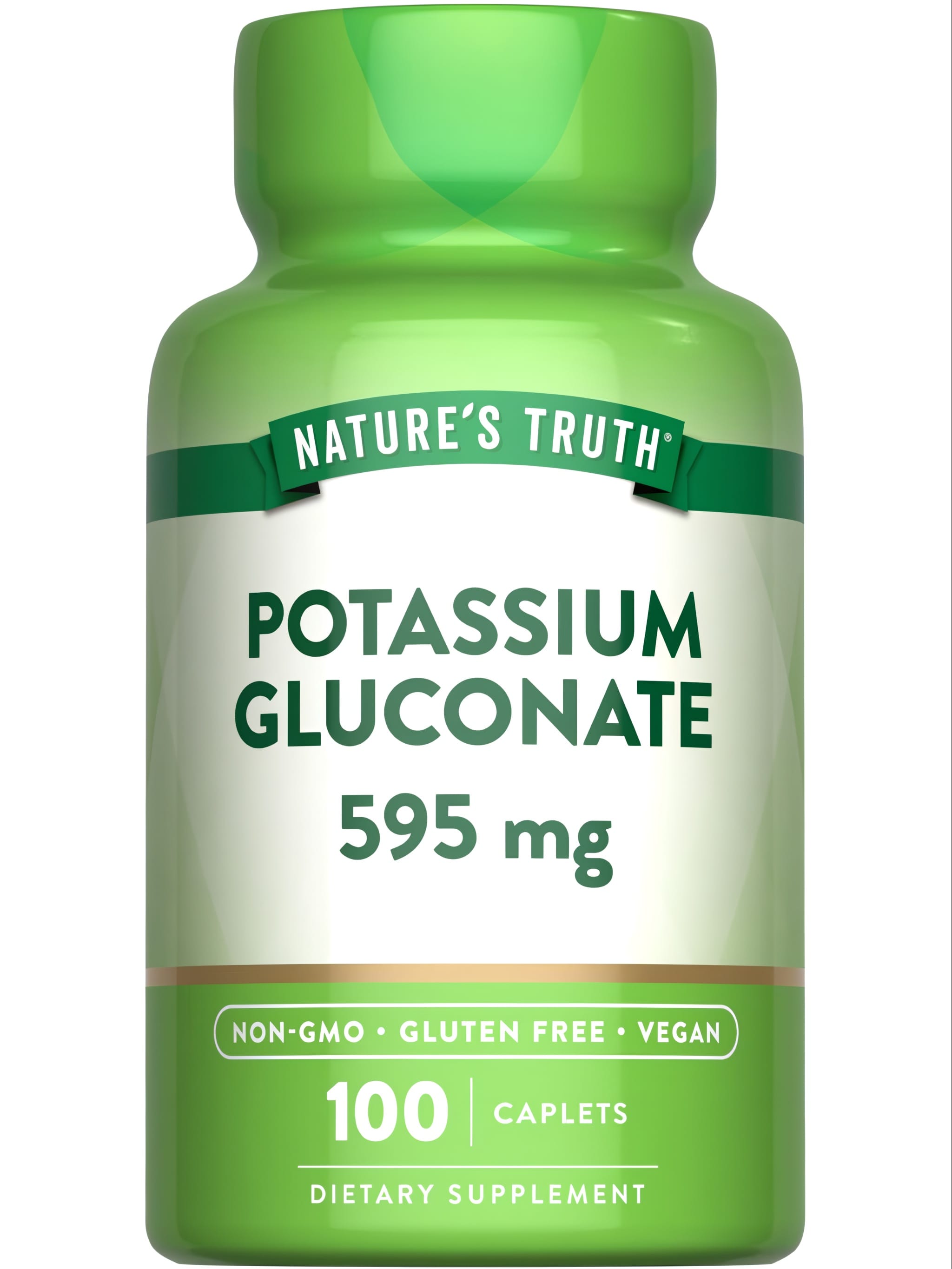 A bulk 100-count bottle of 595 mg Potassium Gluconate caplets displayed on a hand scale.
