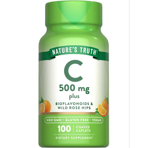 A bulk bottle containing 100 coated caplets, each with a dosage of 500 mg.