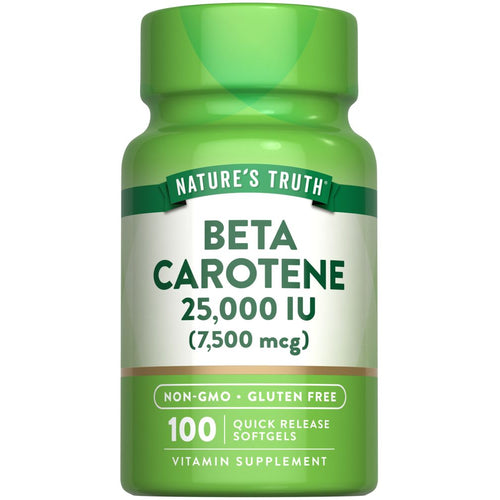 Nature's Truth Beta Carotene 25,000 IU (7,500 mcg) bottle with 100 Quick Release Softgels.