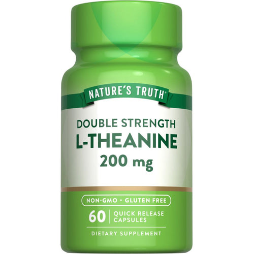 Nature's Truth Double Strength L-Theanine 200 mg Quick Release Capsules held in hand for size reference.