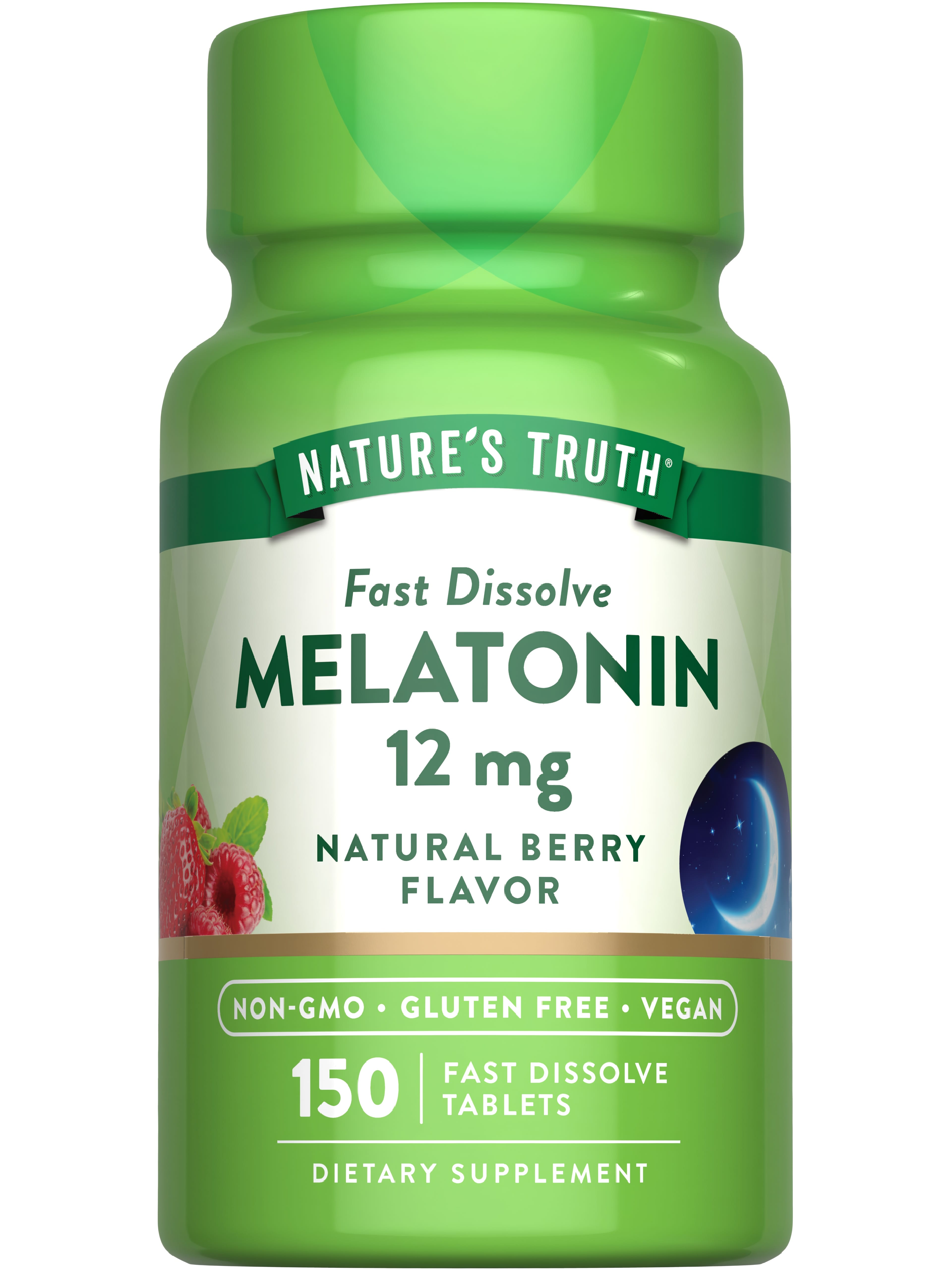 A bottle of 150 fast dissolve tablets of Melatonin 12 mg, featuring a natural berry flavor.