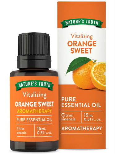 Hand holding a 15 mL bottle of Vitalizing Orange Sweet Aromatherapy Pure Essential Oil, showcasing size in scale.