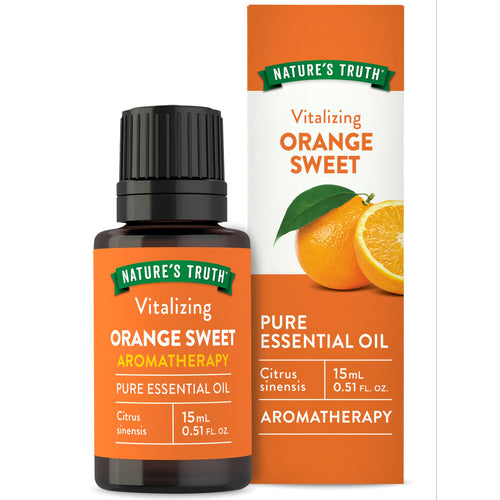 Hand holding a 15 mL bottle of Vitalizing Orange Sweet Aromatherapy Pure Essential Oil, showcasing size in scale.
