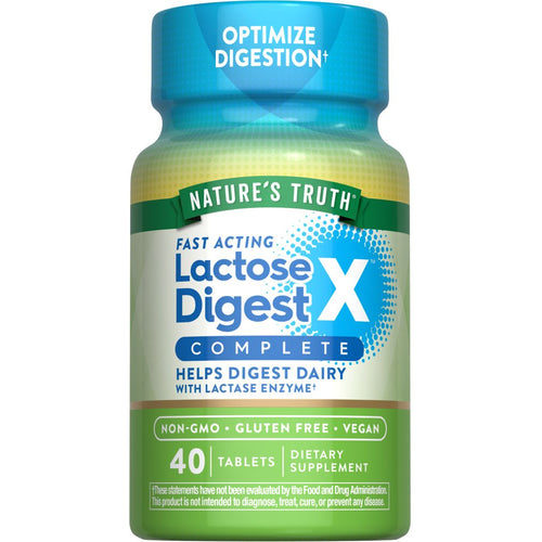Hand holding NT Lactose Digest Complete bottle with 40 tablets visible on a bulk scale display.