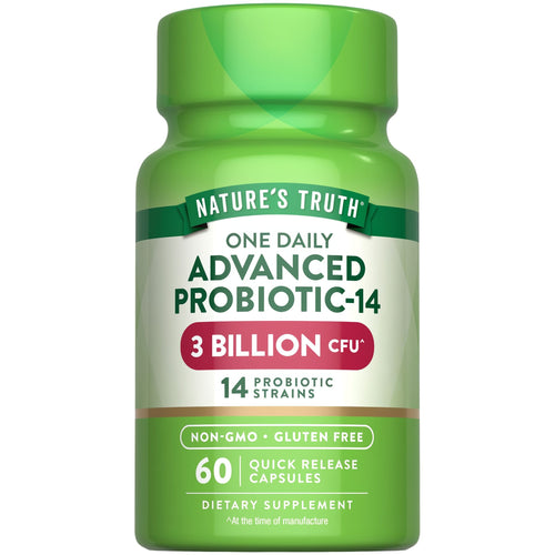Nature's Truth One Daily Advanced Probiotic-14 with 3 Billion CFU and 60 Quick Release Capsules on hand scale.