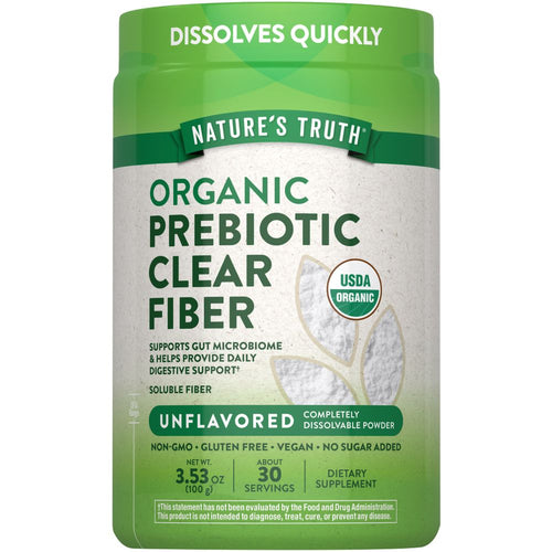 Nature's Truth Organic Prebiotic Clear Fiber, unflavored powder, Net Wt. 3.53 oz (100 g), provides 30 servings.
