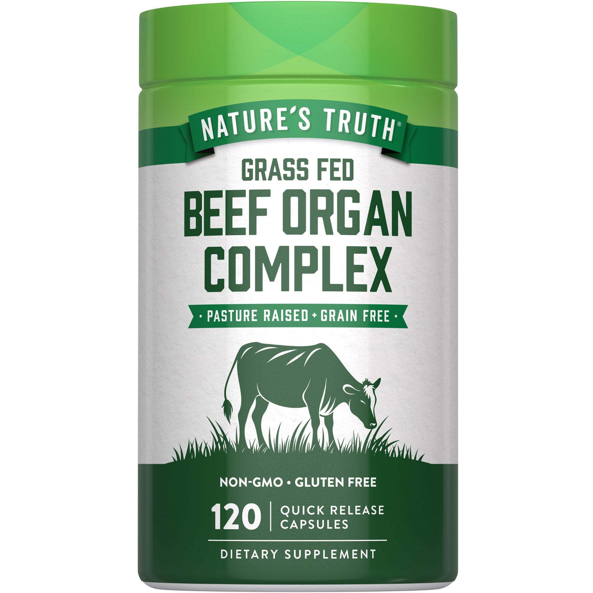 Nature's Truth Grass Fed Beef Organ Complex: pasture raised, grain free, non-GMO, gluten free, 120 quick release capsules.