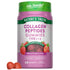 A hand holds strawberry-flavored Collagen Peptides Gummies Type 1+3, showcasing their red, round shape.