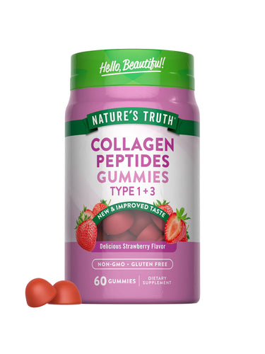 A hand holds strawberry-flavored Collagen Peptides Gummies Type 1+3, showcasing their red, round shape.