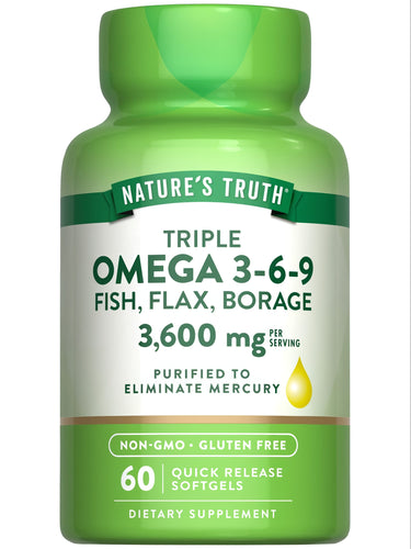 Nature's Truth Triple Omega 3-6-9 Fish, Flax, Borage, 60 Quick Release Softgels with 3,600 mg per serving. Non-GMO, Gluten Free.