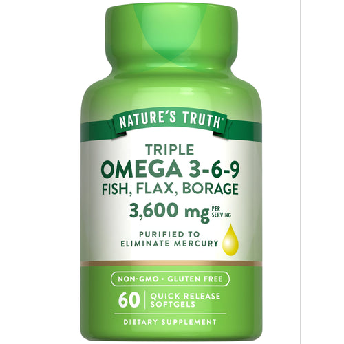 Nature's Truth Triple Omega 3-6-9 Fish, Flax, Borage, 60 Quick Release Softgels with 3,600 mg per serving. Non-GMO, Gluten Free.