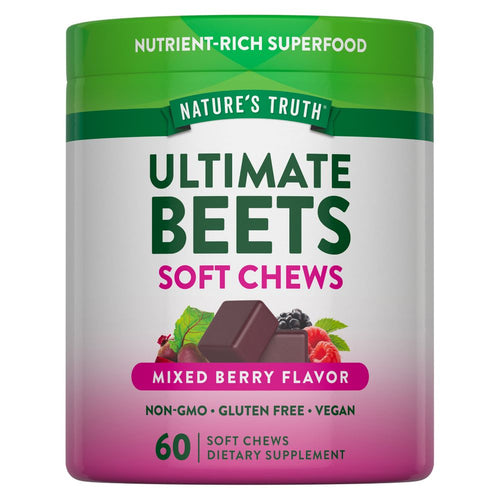 NT Beet Root 60 Soft Chews. Nature's Truth Ultimate Beets, Mixed Berry Flavor, Non-GMO, Gluten Free, Vegan.