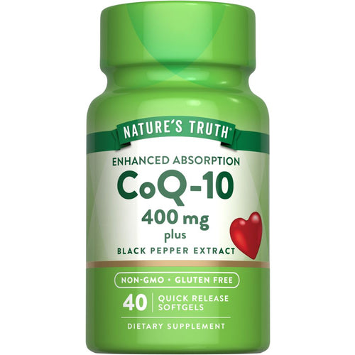 A hand holding a CoQ-10 400 mg Quick Release Softgel bottle with Black Pepper Extract, containing 40 softgels.