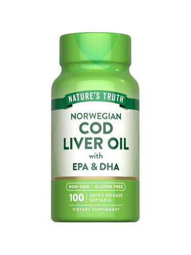 Nature's Truth Norwegian Cod Liver Oil with EPA and DHA, containing 100 Quick Release Softgels.