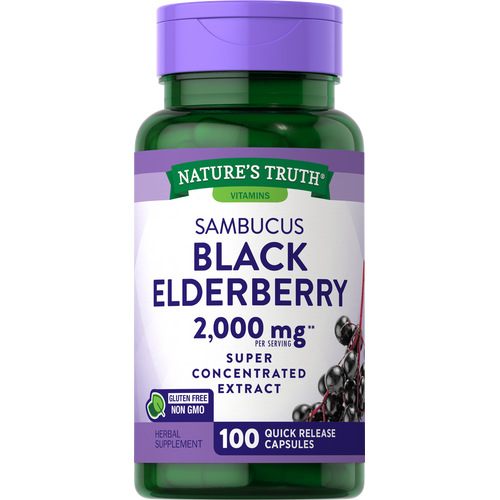 Quick Release Capsules of Elderberry, 2,000 mg, in a bottle containing 100 capsules, shown on a hand for scale.