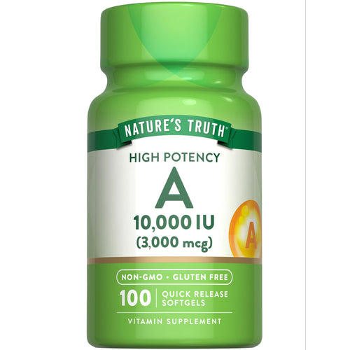 Bottle of Vitamin A 10,000 IU (3,000 mcg) with 100 quick release softgels shown on hand scale.