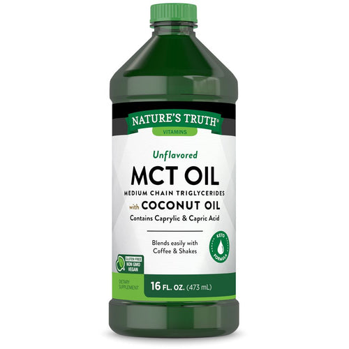 Nature's Truth Unflavored MCT Oil Liquid with Coconut Oil in a keto-friendly 16 FL. OZ. (473 mL) bottle.