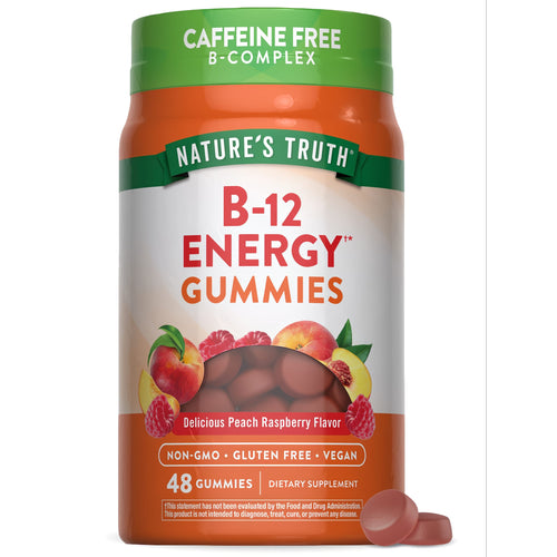 Two round gummies with peach-raspberry flavor, providing B-12 energy boost.