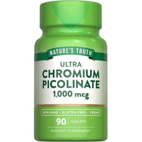View 1 A hand holds Chromium Picolinate tablets, each containing 1,000 mcg, showcasing the supplement's packaging and size.